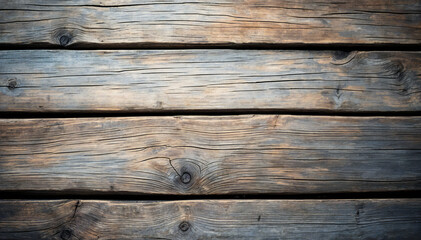 Obraz premium The image is of weathered wooden planks arranged horizontally. The wood has a rustic, aged appearance, showcasing a rich, earthy color palette with tones of brown, gray, and a hint of blue.