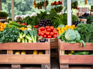 Rustic wooden fruit and vegetable stand overflowing with fresh produce in a vibrant outdoor market setting, agriculture, natural, farmer's market