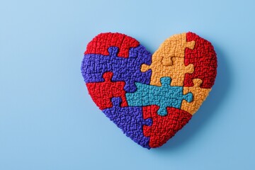 Colorful heart made of puzzle pieces representing autism awareness on blue background