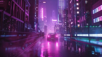 Retrowave. Sunset with palm trees. City in neon lights. Car. Car speed on the road in the night city. Retro wave neon lights noir tinting colors. Futuristic background	
