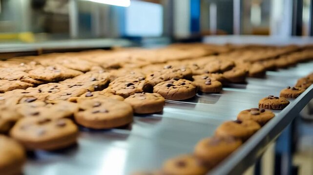 close up of tasty chocolate cookies baking in bakery