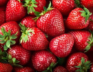 Fresh strawberries with vibrant red color, glossy surface, green tops, and detailed macro texture in natural light