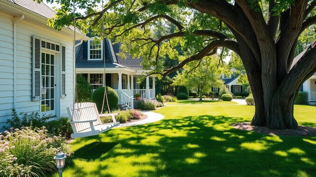 Serene summer day at a suburban Cape Cod home with a swing hanging from a large tree in the front yard, idyllic, tranquility, swing