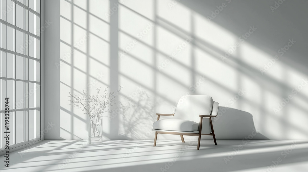 Poster Minimalist Scandinavian interior with bright sunlight streaming through a large window onto an isolated armchair in an empty white room. Clean and modern design for product mock-up and presentation co