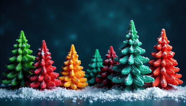 Colorful Christmas cypress trees on a dark background, winter greenery, festive colors