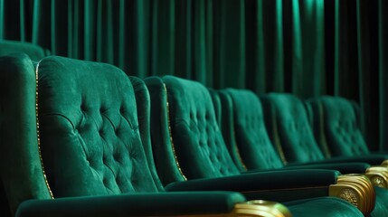 Obraz premium Luxurious emerald green cinema seats with ornate gold detailing close-up view