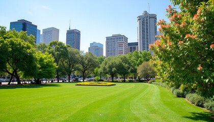 Urban Park Green Space with Modern City Skyline Background in Daylight