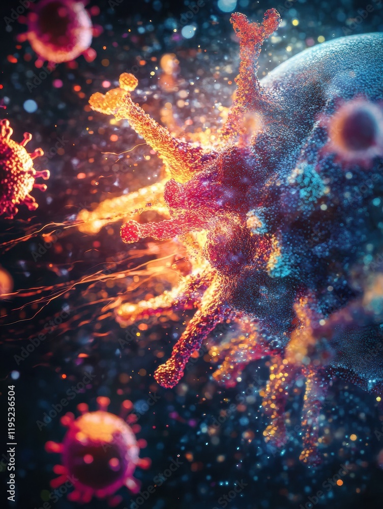 Fototapete magnified view of human cell under attack from virus with vibrant details and textures showcasing in