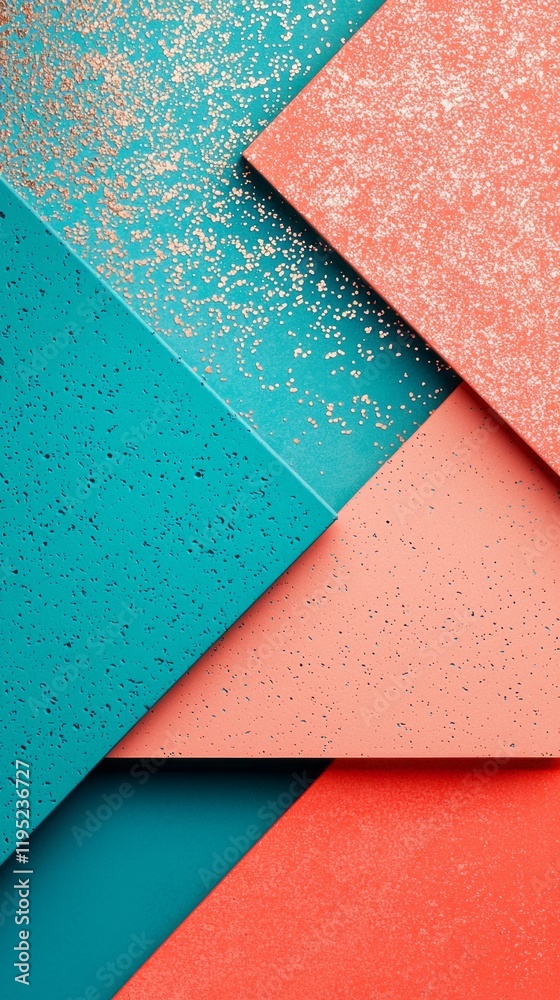 Poster intricate layers of geometric shapes in vibrant turquoise and coral blend seamlessly, creating a cap