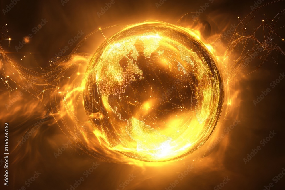Poster glowing digital globe with flowing lines and points representing global connection and technology. g