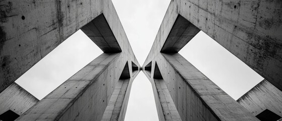 Obraz premium A striking black-and-white image showcasing large concrete structures converging in an abstract, geometric formation beneath a cloudy sky.