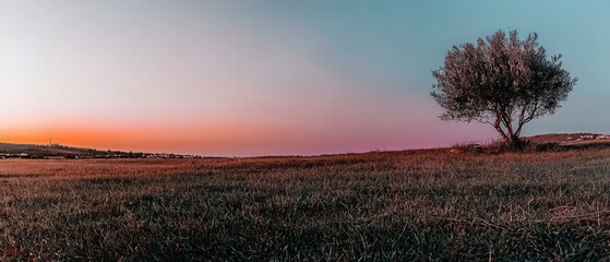 Obraz premium Serene Sunset Landscape Lone Tree in Grassy Field Peaceful Evening