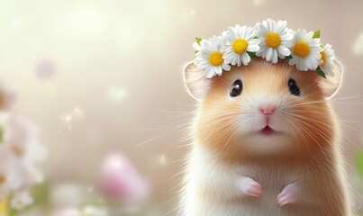cute mouse wears a crown of wildflowers against a soft blue background. Greeting card for Easter. Summer or spring banner. Pet shop. Veterinarian clinic.	
