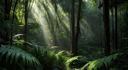Fototapeta premium paisaje de jungla con rayos de sol