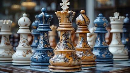 Close-up of ornate wooden chess pieces on a board.