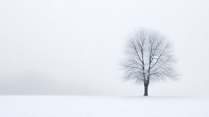 Fototapeta premium Isolated tree in a snowy landscape with soft fog and minimal color