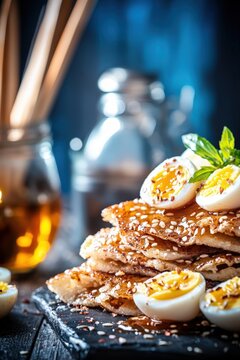 Malawach, a delicious fried Yemeni flatbread, elegantly plated and garnished with slices of boiled egg, sesame seeds, and fresh herbs, on a rustic wooden board.