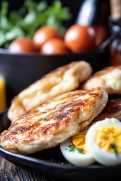 A Delicious Serving of Traditional Yemeni Malawach Flatbread Accompanied by Boiled Egg and Fresh Tomatoes on a Rustic Wooden Table