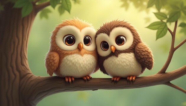Adorable Baby Owls Perched on Branch Cute Animal Art