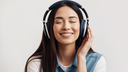 Fototapeta premium Cheerful young woman enjoying music through headphones in a bright studio setting symbolizing joy relaxation and modern lifestyle.