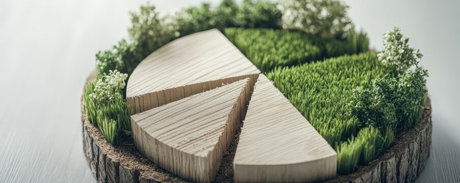 Eco-Friendly Investments Profit Growth Financial Graph. Eco-friendly pie chart on a wooden base with grass elements.