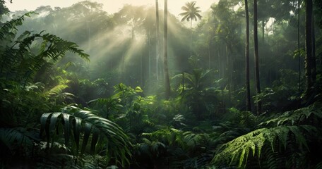 Obraz premium paisaje de jungla con rayos de sol
