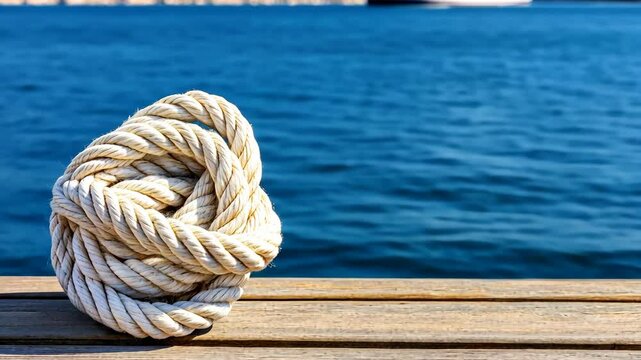 A neatly tied rope knot sits on a wooden dock overlooking serene blue waters, showcasing a peaceful coastal atmosphere