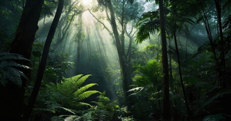 Fototapeta premium paisaje de jungla con rayos de sol