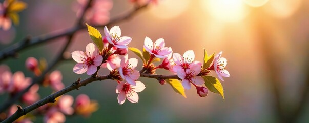 Obraz premium Early spring morning light highlights a tree's branches with blossoms, tree, branch details, sunlight filter