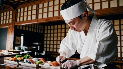 Professional sushi chef cutting fresh salmon on wooden board, preparing nigiri and sashimi in traditional japanese restaurant kitchen, highlighting culinary precision. Concept japanese sushi cook food