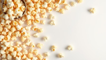 Top view of popcorn flakes on a white background with an empty space in the middle for text or graphics, movie, popcorn, cinema