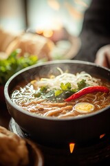 Delicious Bowl of Mohinga Soup with Rice Noodles, Fresh Herbs, Fish Broth, and a Touch of Spice Served Hot for a Traditional Culinary Experience