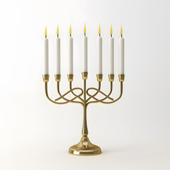 Golden Hanukkah menorah with white burning candles, isolated on white background