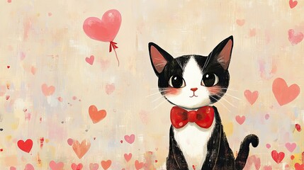 Tuxedo Cat With Heart Balloon Among Hearts
