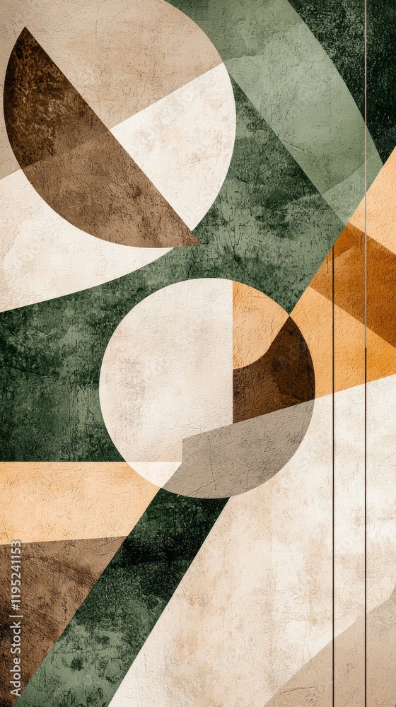 Poster dynamic geometric shapes intertwine in soothing sage green, warm browns, and soft neutrals, inviting