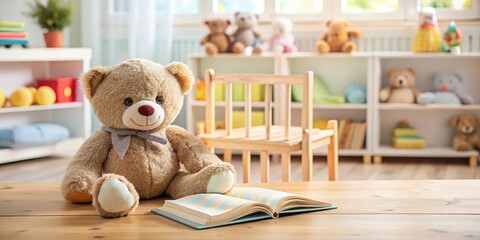 A cuddly teddy bear sitting on a wooden table with a soft blanket, surrounded by toys and books ,nursery, , nursery