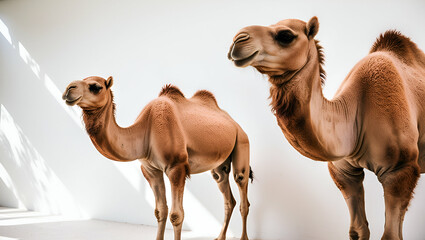 Obraz premium Two majestic camels standing side by side, showcasing their distinctive humps and desert-adapted features, isolated on a white background.