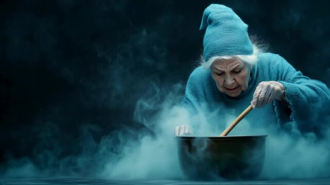 Elderly woman stirring a potion in smoky environment