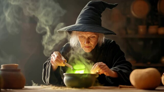 Witch preparing potion in dimly lit workshop
