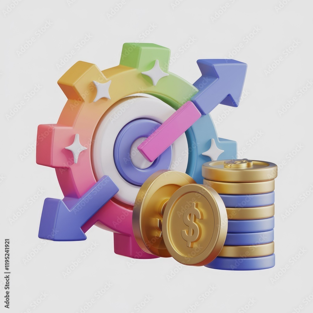 Poster colorful 3d rendering of financial growth, showcasing a target, gears, and upward-trending arrows wi
