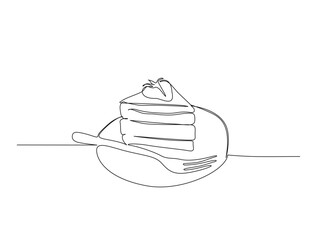 Continuous one line drawing of sliced cake - food and beverage concept. Cheese cake with strawberry in single line draw illustration. Editable stroke.
