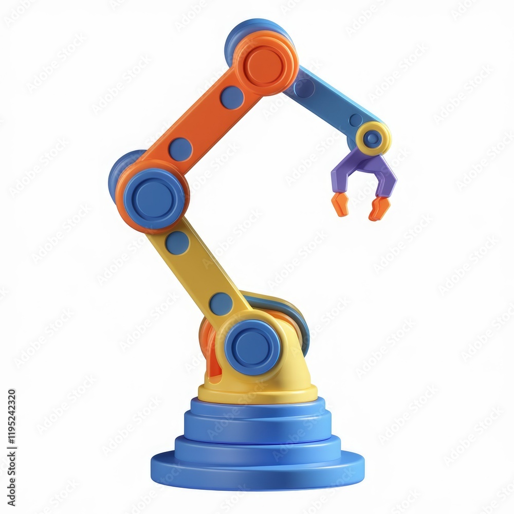 Poster a colorful robotic arm with a claw, playfully designed for industrial automation.