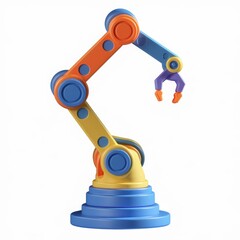 A colorful robotic arm with a claw, playfully designed for industrial automation.