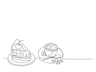 Continuous one line drawing of sliced cake and a cup of cofee - food and beverage concept. Cheese cake with strawberry in single line draw illustration. Editable stroke.