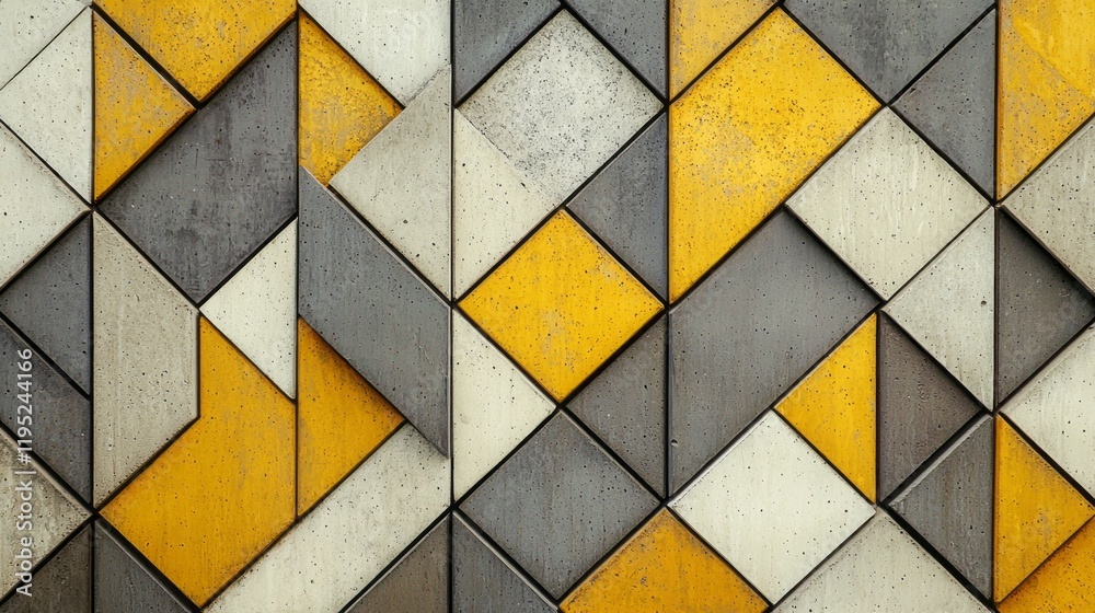 Poster abstract geometric grid patterns blend shades of yellow, gray, and white, creating a striking visual
