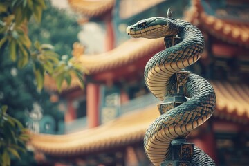 Obraz premium Ornate serpent statue, temple background.