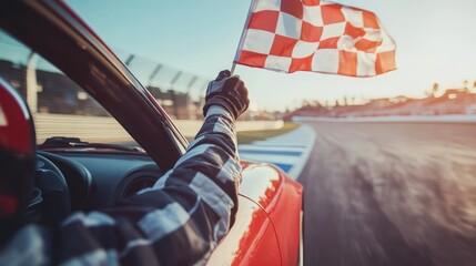 Race car driver doing a victory lap with a flag waving out of the car window.