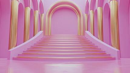 Obraz premium Pink Palace Grand Staircase: A majestic staircase ascends towards a series of elegant arches and gold columns in a dreamlike pink palace. The scene evokes opulence, luxury.