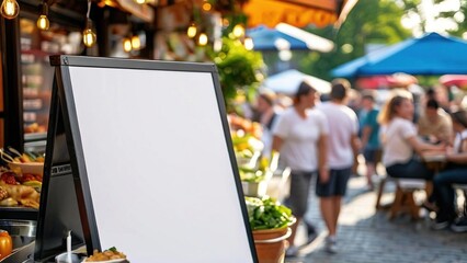 Obraz premium Vibrant outdoor market scene with people socializing, food stalls, and a blank menu board