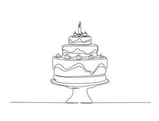 Continuous one line drawing of birthday cake design. Sweat cake with candles in single line draw illustration. Editable stroke.